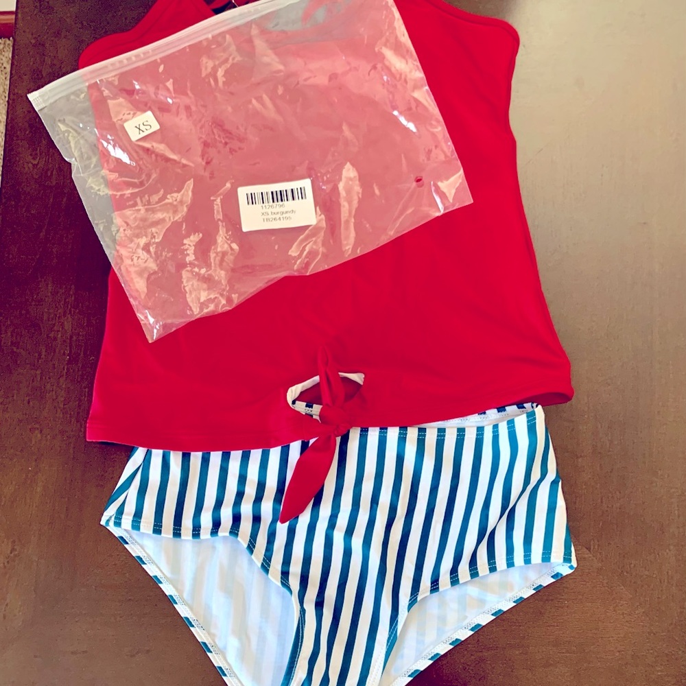 Red Tankini w/ Teal and White Striped Bottoms - XS